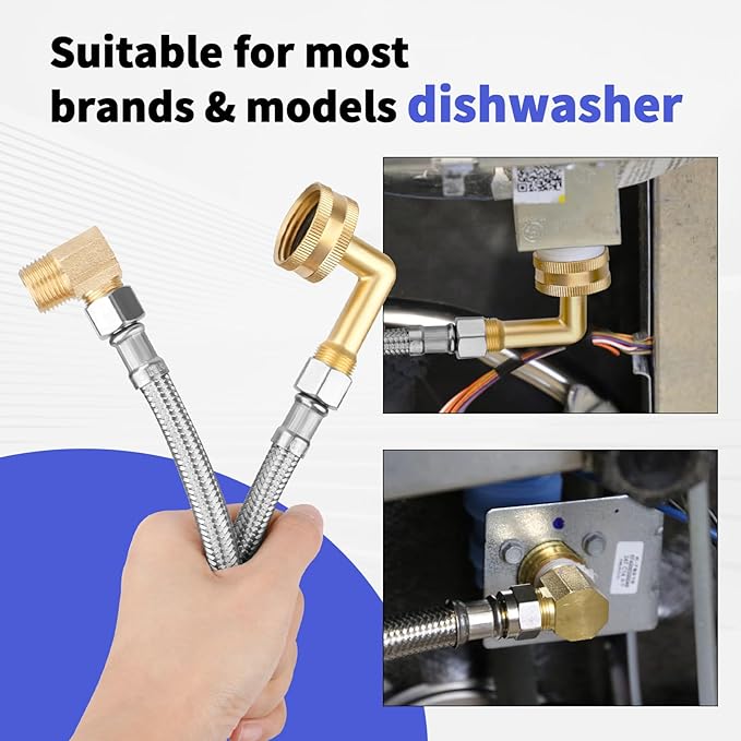 Dishwasher Installation Kit, Braided Stainless Steel Dishwasher Connector, 10 FT Water Supply Line with 3/8 Inch Compression Ends, 3/8 Inch MIP Elbow and 3/4 Inch FHT Elbow, Short Distance Connection