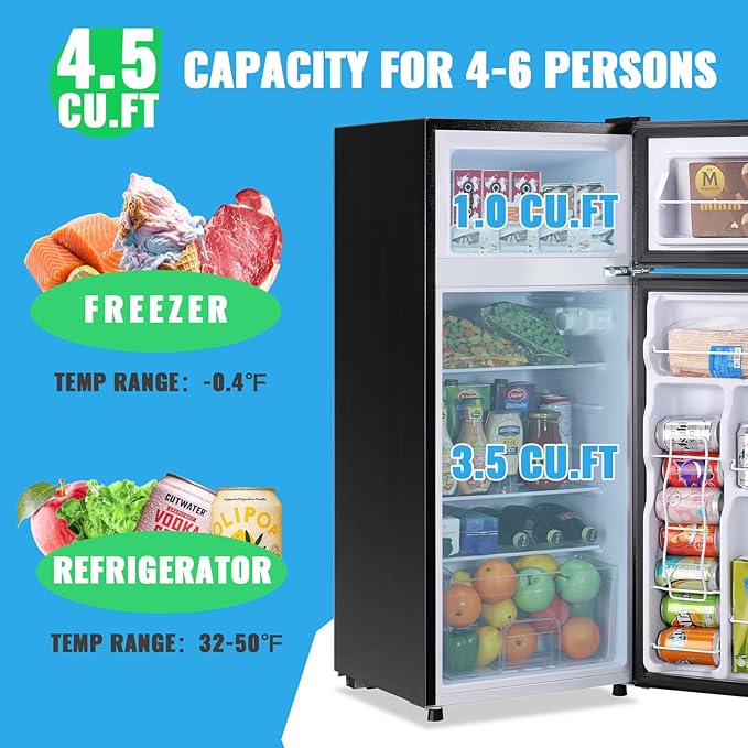 4.5 CU.FT Refrigerator Silver Two Door Fridge with 7 Temperature Settings Spacous Capacity & Ideal Size for Modern Kitchen 3 Glass Shelves & 2 Wheels for Easy Use