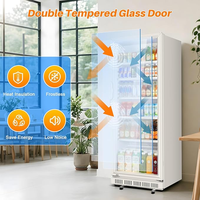 Commercial Beverage Refrigerator, 24.5" Glass Door Display Fridge, 15 Cu.Ft Beverage Cooler with 5 Adjustable Shelves, Auto Rebound Door, Low Noise, for Shops, Restaurants & Bars WHITE