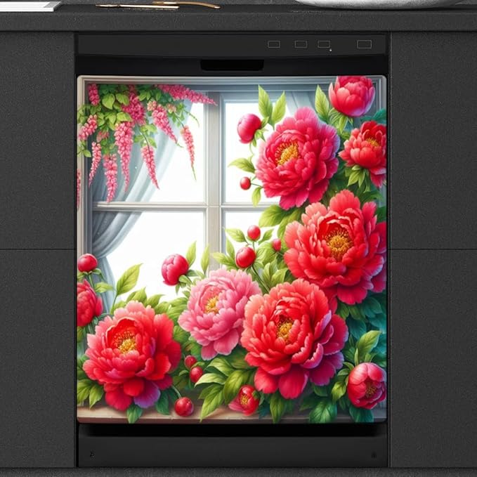 Dishwasher Magnet Cover Flower Red Beautiful Dishwasher Decorative Cover Front Dishwasher Door Cover Reuseable Dishwasher Cover Panel Decal for Kitchen Refrigerator Home Appliances 23" X 26"