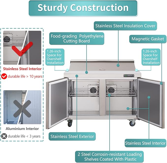 WESTLAKE 60" W 2 Door Refrigerator Sandwich & Salad Prep Table Commercial Stainless Steel Counter Fan Cooling Refrigerator with 16 Pans-60 Inches for Restaurant, Bar, Shop, etc