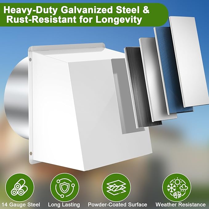 10 Inch Hooded Wall Vent, Dryer Wall Vent Cover Outside with Screen and Damper, Wall Exhaust Vent Cover, Outdoor Air Vent Cap for Range Hoods/Kitchen/Bathroom/Laundry/Basements/Garages, White