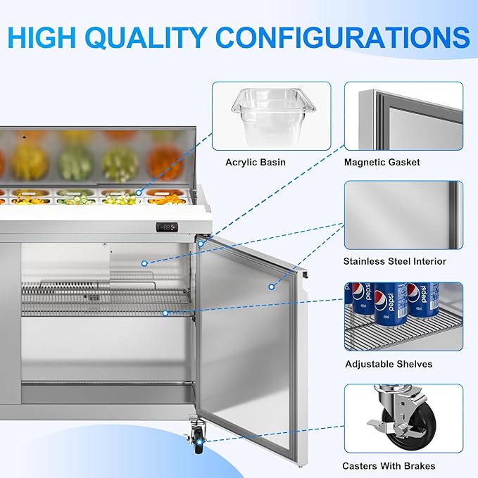 60" W Commercial Refrigerator Sandwich Salad Prep Table, 17.8 Cu.ft 2 Door Commercial Stainless Steel Food Prep Fridge with 16 Pans, Salad Prep Station for Restaurant, Bar, Shop, etc.