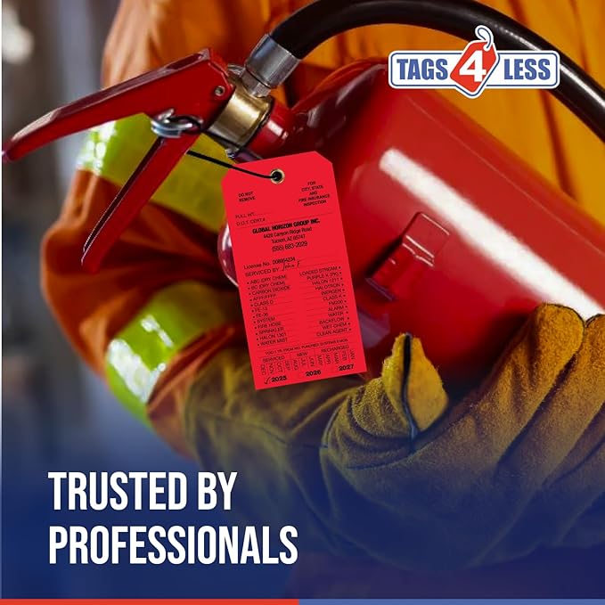 Tags 4 Less Custom Fire Extinguisher Tags – Preventative Maintenance Labels for Monthly Inspections, Alternative to Safety Sticker for Easy Record-Keeping – Pack of 100 (Red, Vinyl Plastic)