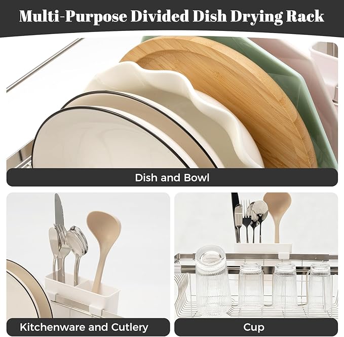 Expandable 2-in-1 Countertop & Sink Dish Drying Rack for Kitchen Counter, Stainless Steel Dish Drying Rack with Drain Board and Multi-Functional Kitchen Rack, Large Dish Rack Inside Sink