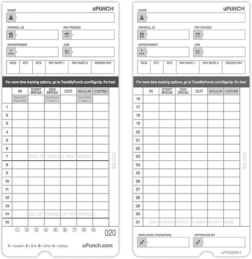 100 uPunch Time Cards for HN4000