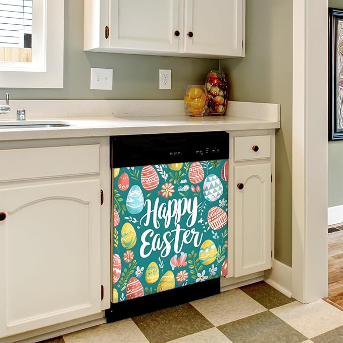 Pretty Easter Eggs Flowers Dishwasher Magnet Cover, Reusable Refrigerator Panel Stickers Microwave Front Door Covers Magnets for Kitchen Home Appliances Holiday Party Decorations 23 X 26 in