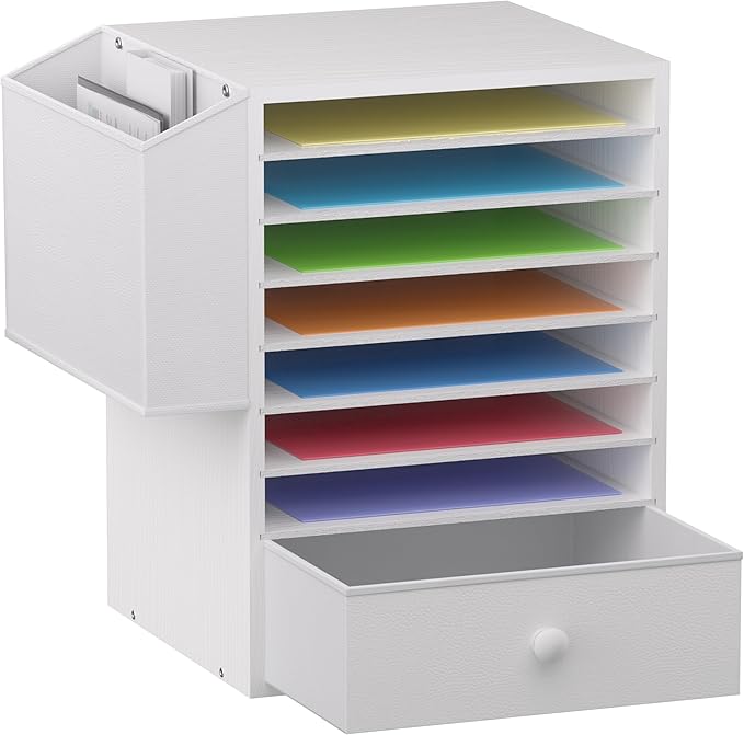 Wooden 12X12 Scrapbook Paper Organizer,7 Tier Adjustable Desktop File sorter with drawer,Craft&Stamp Cardstock Storage with Side Pocket&Name Slots for classroom,home offce，White