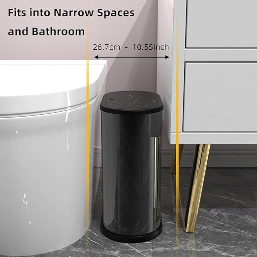 1.8 Gallons Small Stainless Steel Trash Can with Press Type Lid, Slim Bathroom Garbage Bin, Removable Liner Bucket, Narrow Wastebasket with Pop-Up Lid for Bedroom,Toilet (Titanium Black)