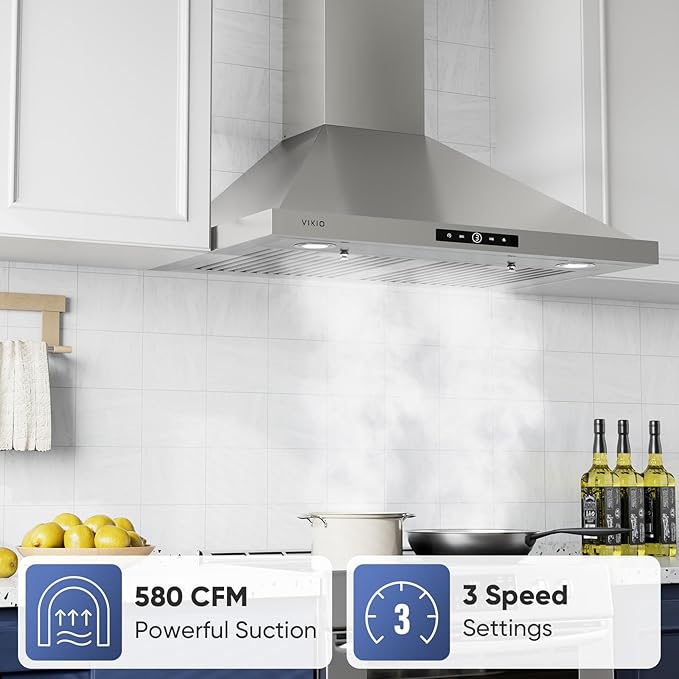 Wall Mount Range Hood 30 inch, 580 CFM, Stainless Steel Kitchen Vent Hood Ducted/Ductless Convertible, with 3-Speed Fan and LED Lights