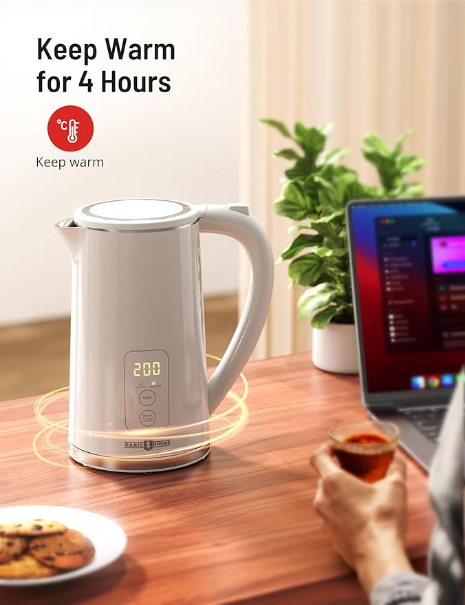 Electric Tea Kettle, PARIS RHÔNE1.7L Temperature Control Electric Kettle, 4H Keep Warm Water Boiler with 6 Presets, LED Screen Electric Kettles for Boiling Water, Boil-Dry Protection, BPA Free