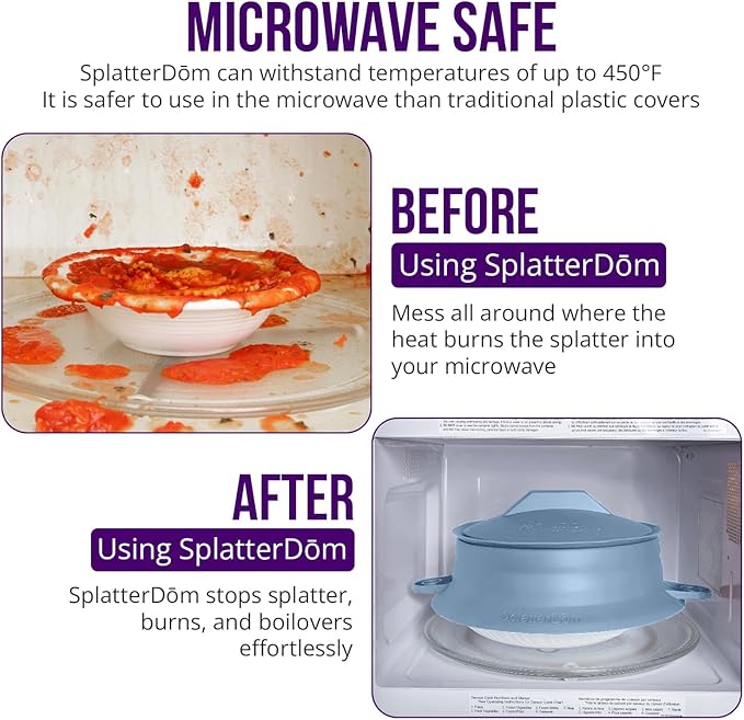 L.I.Q Silicone Splatter Guard – Fits 8 and 10 Inch Pots (20 and 25 Centimeters) – Microwave Safe and Durable SplatterDom - Includes 8” Lid - Food and Oil Splash Guard (Blue Steel, Small)