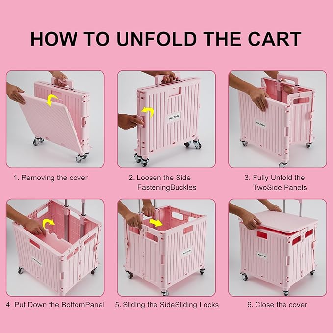 Folding Utility Cart Portable Rolling Crate Handcart Shopping Trolley Collapsible Tool Box, with Lid, Basket on 4 Rotate Wheels, for Grocery, Shopping, Office, Teacher (Pink)
