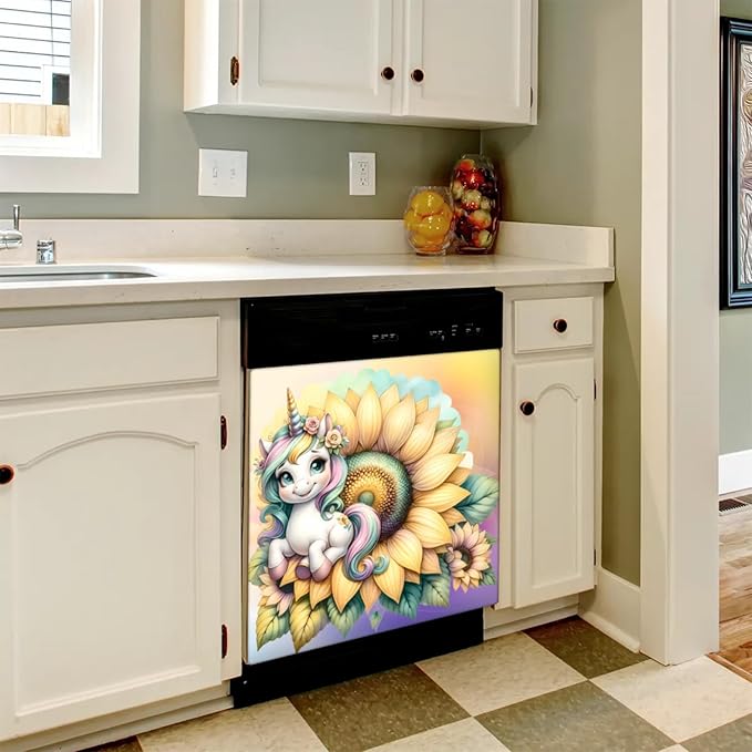Sunflower Unicorn Dishwasher Magnet Cover for The Front Dishwasher Door Cover Panel Decals Magnetic Refrigerator Cover for Kitchen Farmhouse Home Decor 23 X 26 in