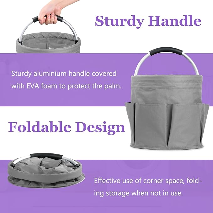 17L Collapsible Cleaning Caddy with Handle, Foldable Cleaning Supply Caddy, Bucket Tool Organizer in 600D Oxford Fabric, Multifunctional Storage Basket for Cleaning, Traveling, Dark Gray