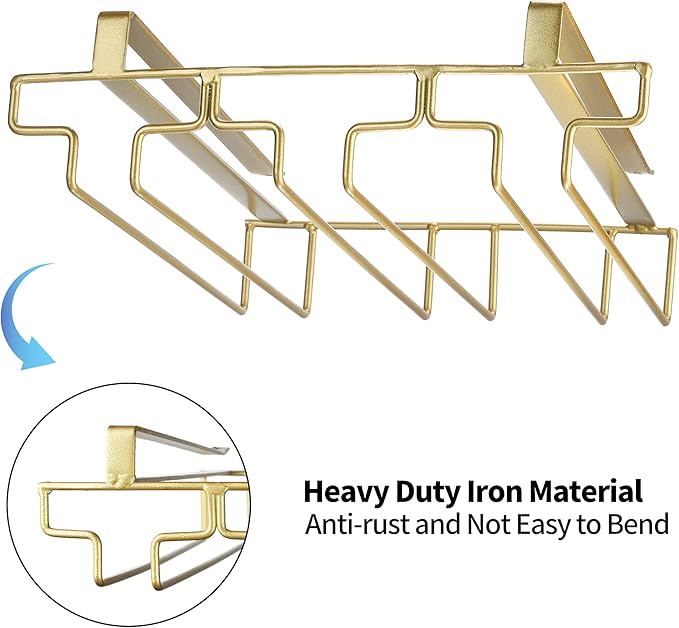 Wine Glass Rack Under Cabinet, Drilling Free No Screw Steamware Holder Under Shelf Metal Wine Glasses Holders 304 Stainless Steel Hanger Storage Organizer Hanging Glass Fit for Bar Kitchen 3 Rows Gold