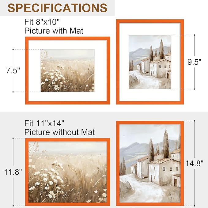 Vittanly 11x14 Picture Frame Set of 2, Solid Wood Frame for Wall Art Photo and Prints, Display Photo 8x10 with Mat or 11x14 without Mat, Orange