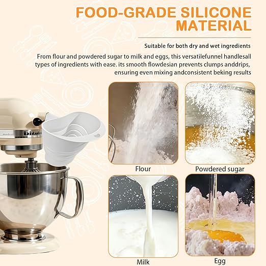 Silicone Foldable Flour Funnel for Kitchen Aid Mixer,Easy Pour No-Mess Attachment,Anti-Splash Accessory,Fits Tilt-Head 4.5–7 Qt (KSM151),Durable Dishwasher-Safe Baking Tool(White)