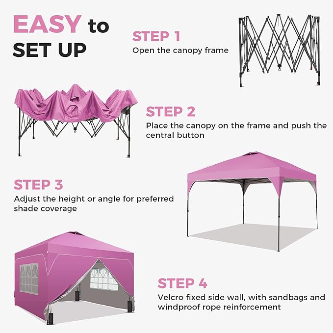 Saemoza 12x12 Pop Up Canopy Tent with One Push Setup, Outdoor Sun Shade Canopy with Vent Top for Backyard Party, Easy Up Instant Shelter with 4-Sandbags & Wheel Bag, Pink.