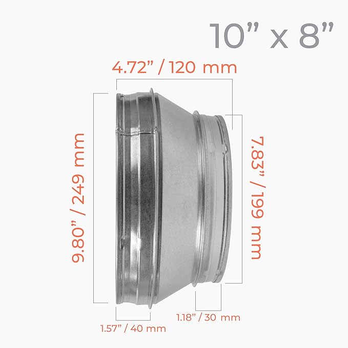 10" to 8" Inch Round Duct Reducer - Galvanized Steel Pipe Increaser - Coupling for Round Duct Ventilation Systems - Heating & Cooling, HVAC
