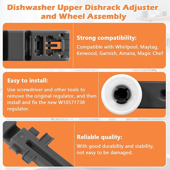 W10571738 3449627 Dishwasher Upper Dishrack Adjuster and Wheel Assembly Replacement for Whirlpool, Maytag, KitchenAid, Magic Chef Dishwasher Replace Parts PS11756470, WPW10571738, AP6023130 (1 Pack)
