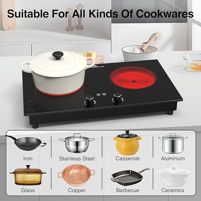 VBGK Electric Cooktop,2400W Electric Stove Top,Countertop and Built-in Hot Plate with Child Safety Lock, Timer, LED touch Knob Control,Overheat Protection,110V 2 Burner Induction Cooktop