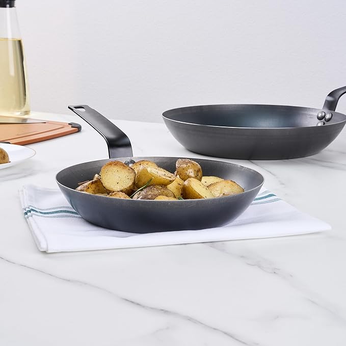 Restaurantware-Met Lux 9 Inch Fry Pan, 1 Lightweight Frying Pan - Induction-Ready, Triple-Riveted, Black Carbon Steel Cooking Skillet, Durable, For Searing, Sauteing, And Browning Food