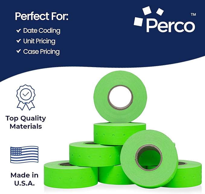 Perco 1 Line Fluorescent Green Labels - Case of 30 Sleeves, 240,000 Blank Pricing Labels for Perco Lite, X, Plus and Pro 1 Line Price and Date Guns