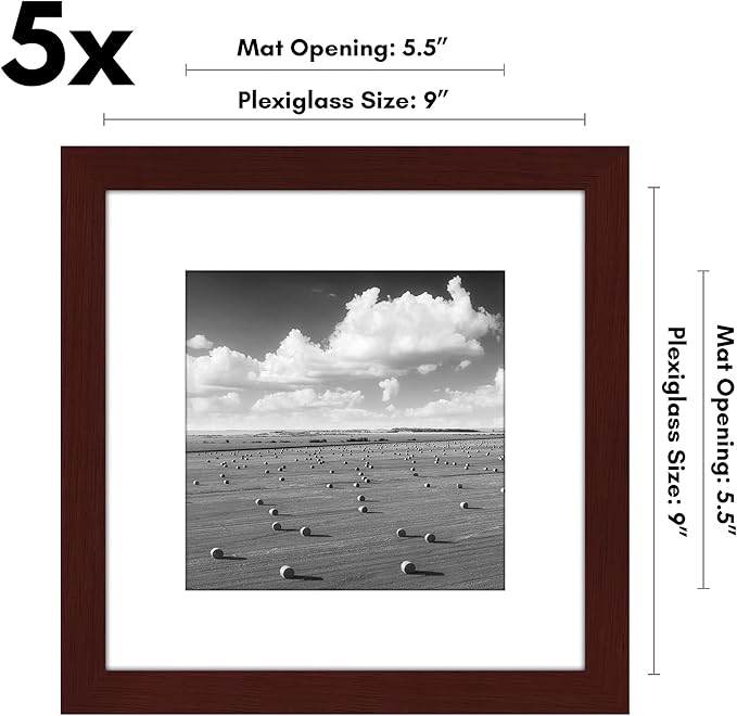 Americanflat 9x9 Picture Frame with Polished Plexiglass - Set of 5 - Use as 6x6 Frame with Mat or Display 9x9 Photo Without Mat - Galleria Collection - Square Frames for Tabletop and Wall - Mahogany