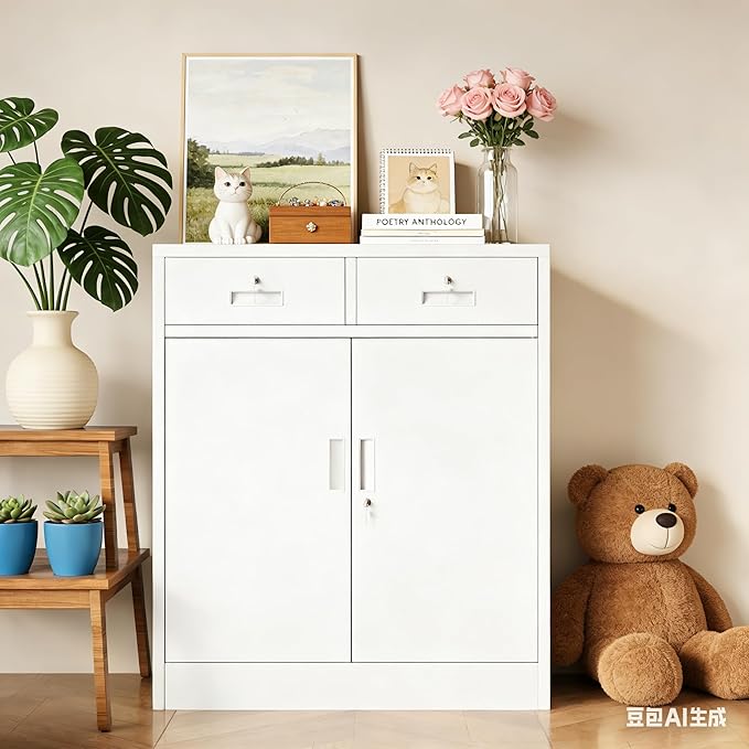 BESFUR Metal Storage Cabinet, Locking Storage Cabinet with Doors and Shelves, White Metal Cabinets with Drawers for Office, Home, Garage