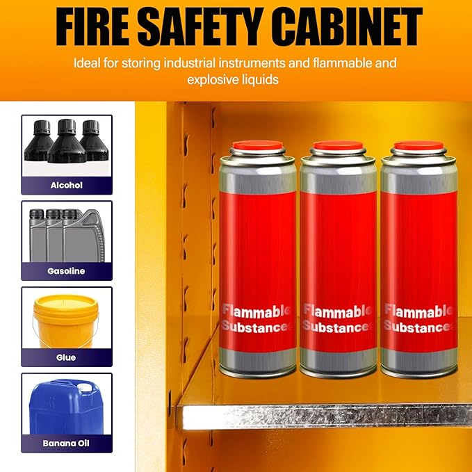Flammable Storage Cabinet 90 Gallon Yellow, Galvanized Steel Large-Capacity Fire Resistant Cabinet, Dual Vents & 3-Point Lock for Warehouses, Industrial Use & Residential Garages