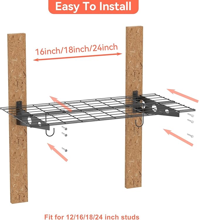 TORACK Garage 24 x 48 in/2 x 4 ft Wall Shelves, Heavy Duty Wall Mounted Wire Shelves for Garage Floating Shelf(Black, Pack of 2)