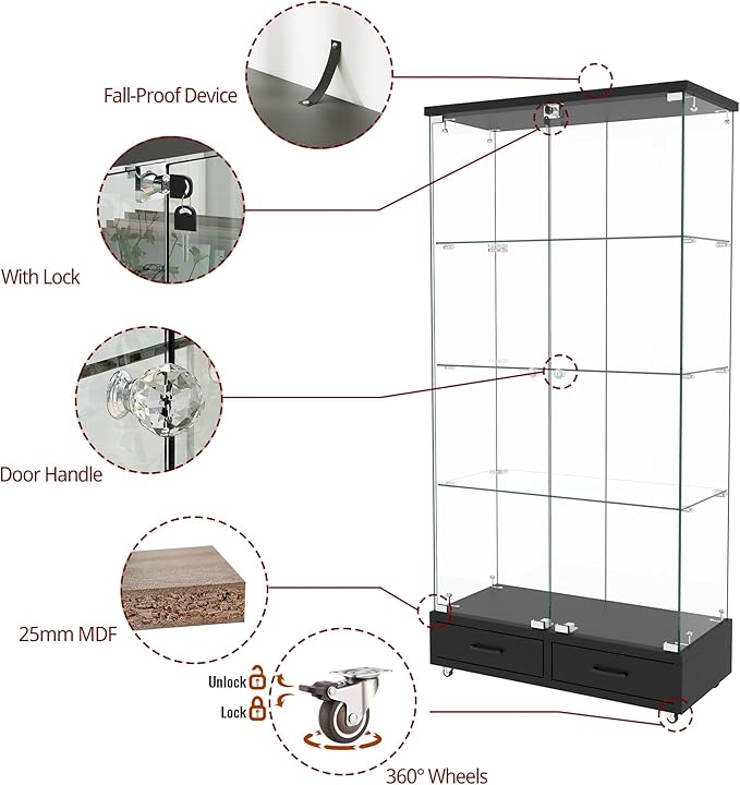 Yoluckea 4 Tier Glass Display Cabinet with LED Lighting and 2 Drawers, 2 Doors Floor Standing Curio Cabinet with Wheel for Home, Office, Corner Display, Black Glass Bookshelf for Collections and Decor