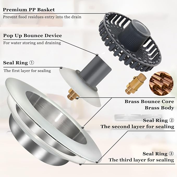 3 in 1 Kitchen Sink Stopper, Pop Up Kitchen Sink Drain Strainer, with an Extra Basket Strainer, Kitchen Sink Drain Stopper for US Standard 3-1/2 Inch, Brass Material Electroplate Silver