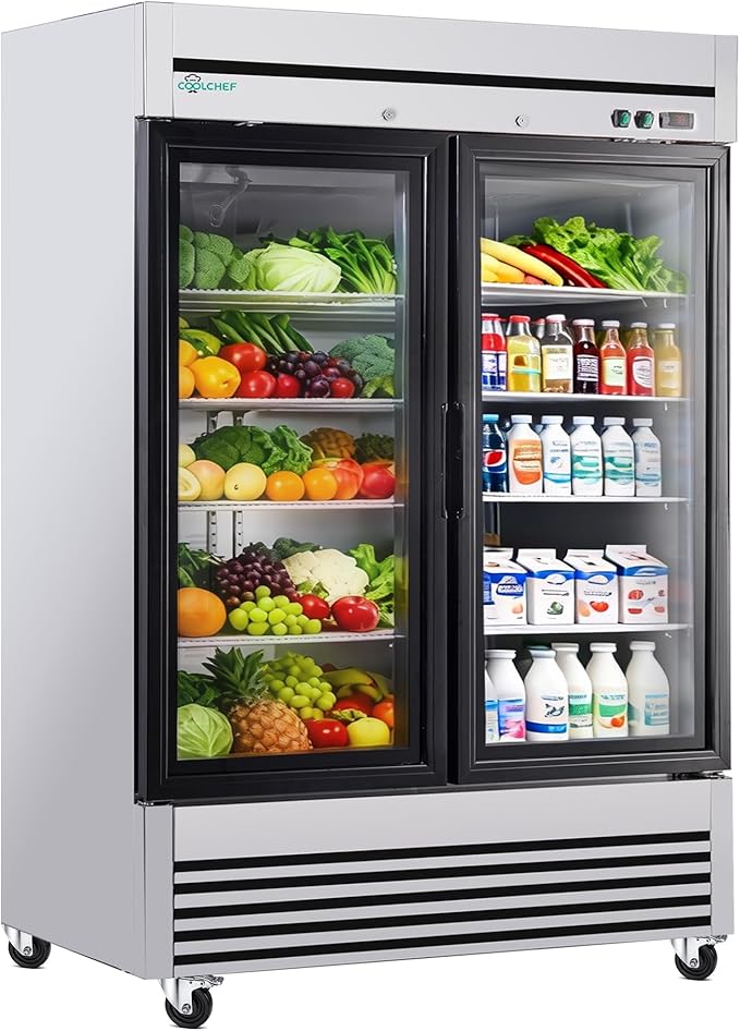 COOLCHEF 54" Commercial Glass Door Refrigerator, 49 Cu.Ft Double-Door Reach-In Cooler, 33–40℉, Double-Layer Low-E Glass, 8 Shelves, R290
