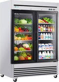 54" Commercial Glass Door Refrigerator, 49 Cu.Ft Double-Door Reach-In Cooler, 33–40℉, Double-Layer Low-E Glass, 8 Shelves, R290