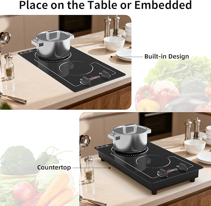 Double Induction Cooktop, 110V 2300W hot plate with LED Touch Screen, 9 Power Levels, Kids Lock & Timer, Overheat Protection, knob and touch control 2 burner Induction cooktop