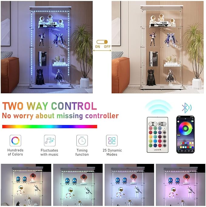 Glass Display Cabinet with LED Light Strip, 4 Shelves with 2 Doors, Curio Storage Cabinets with Lock & Caster for Living Room, Office, Floor Standing Glass Bookshelf, Quick Installation - White
