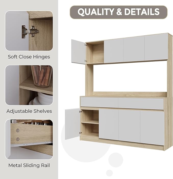 Kitchen Hutch Storage Cabinet, 63" W Large Pantry Cabinets with Microwave Oven Countertop, Freestanding Kitchen Pantry Storage Cabinet with 4 Doors, 2 Drawers and 7 Shelves, White + Walnut