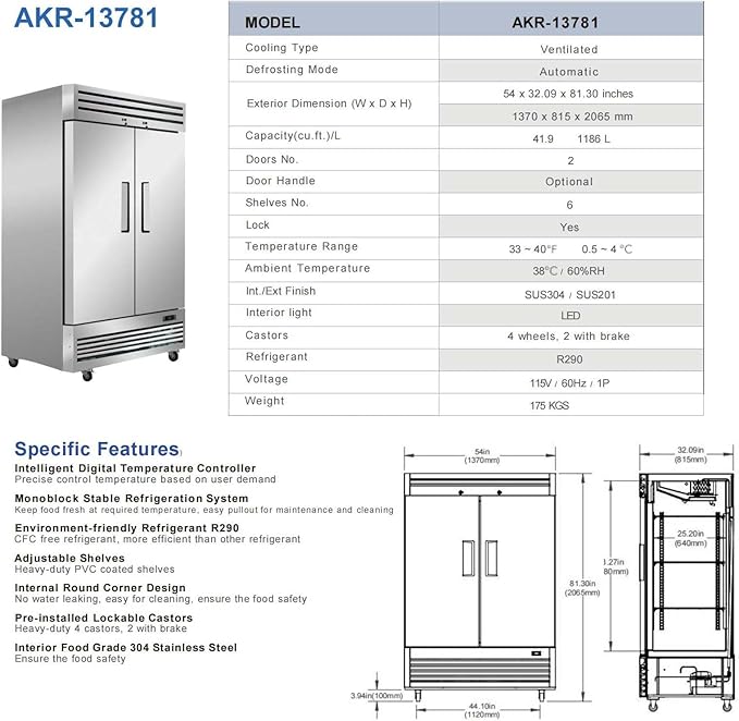 Commercial Refrigerator 2 doors Stainless Steel Solid 54" Width, Capacity 43Cuft, 110V for Restaurant Kitchen Cooler Fridge, NSF Certified