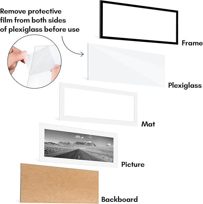 Americanflat 16x40 Picture Frame with Polished Plexiglass - Set of 5 - Use as 12x36 Frame with Mat or Display 16x40 Photo Without Mat - Galleria Collection - Picture Frames for Wall Display - Black