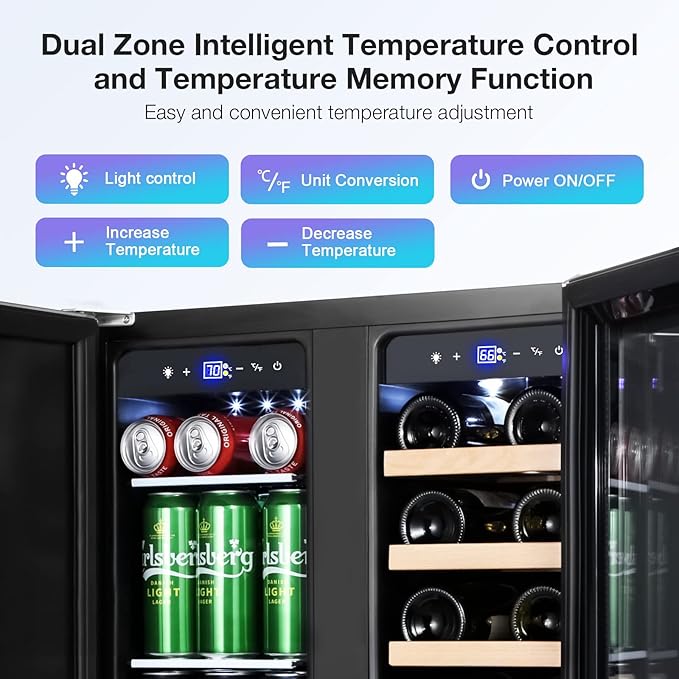 Tylza Wine and Beverage Refrigerator, 24 Inch Dual Zone Wine Beverage Cooler, Holds 20 Bottles and 88 Cans, Built-In and Freestanding, Seamless Glass Door, Under Counter Beer Wine Refrigerator