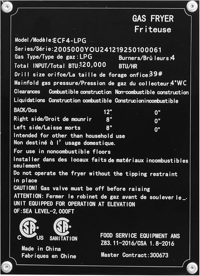 EGGKITPO 50lb. Commercial Gas Deep Fryer 4 Tubes Liquid Propane Gas Fryer CSA Certified Adjustable Thermostat 200℉-400℉ Floor Standing Fryer with 2 Baskets for Restaurant and Kitchen 120,000 BTU/h