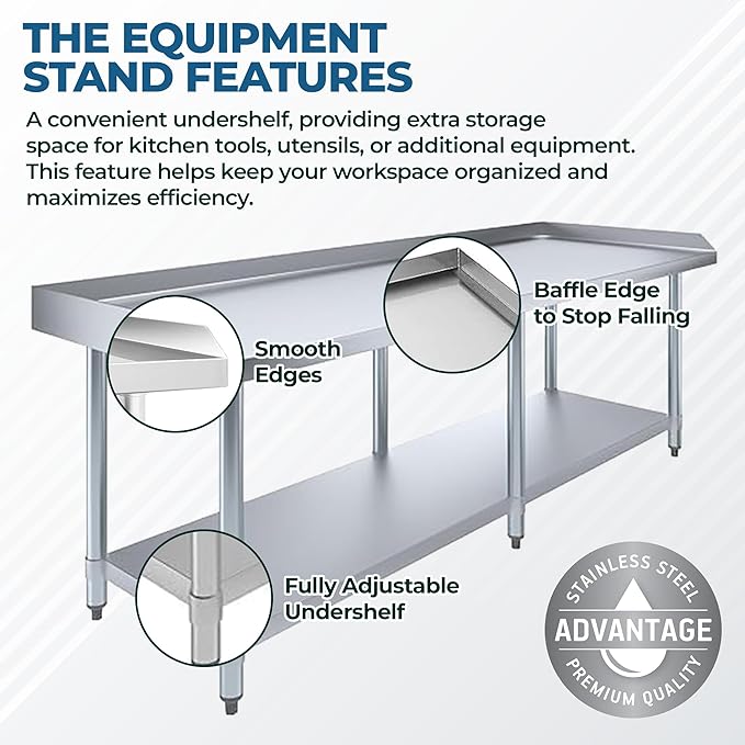 Stainless Steel Equipment Grill Stand with Adjustable Undershelf | Heavy Duty 18-Gauge Top | NSF Certified for Kitchens, Utility Rooms & Catering (72" x 30")