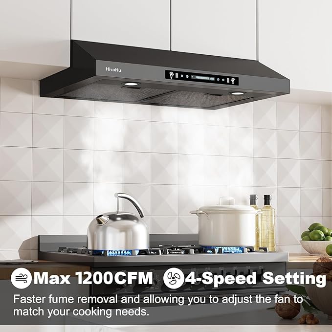 HisoHu 30 Inch Under Ducted Cabinet Range Hood with 1200 CFM, 4 Speed Gesture Sensing Kitchen Exhaust Hood & Touch Control Panel, Stainless Steel Stove Vent Hood with 2 LED Lights（Black）