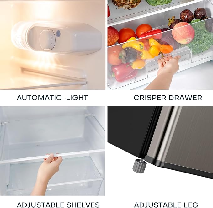 Upstreman 7.7 Cu.Ft. Refrigerator with Freezer, Double Door, Adjustable Thermostat, Large Capacity, Reversible Door Swing, Refrigerator for Apartment, Office, Dorm, Stainless (BD75)