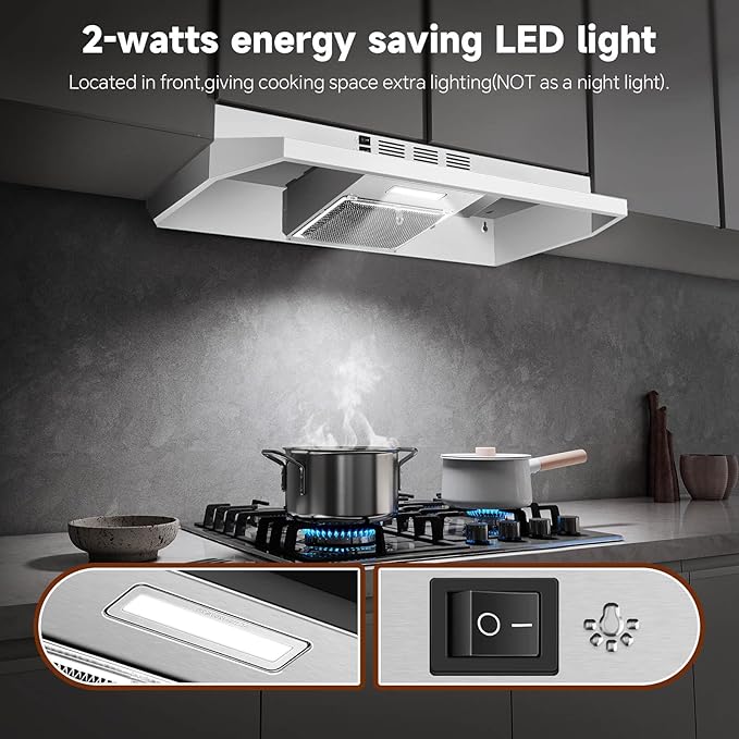 SNDOAS Range Hood 36 inch Under Cabinet,White Spray Painting Stainless Vent Hood with 2 speeds and 230 CFM,Ductless Range Hood with Rocker Buttons,Aluminum Mesh Filter,Kitchen Hood without Plug