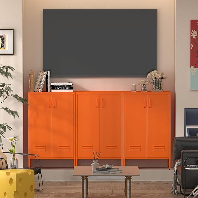 Metal Locker Cabinet,Morden Storage Cabinet with 2 Adjustable Shelves,Metal Storage Cabinets with 2 Doors for Home Office.Entryway,Orange
