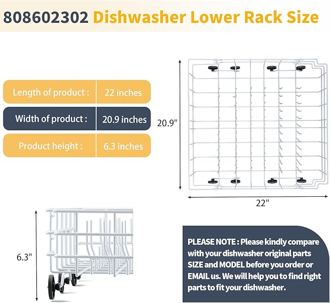 Upgraded 808602302 Dishwasher Lower Rack Replacement Parts for Frigidaire Kenmore Dishwasher Lower Dishrack Assembly with 154174501 Wheels 154432602 FDB1050REB0 Dishwasher Bottom Drawer Rack Basket
