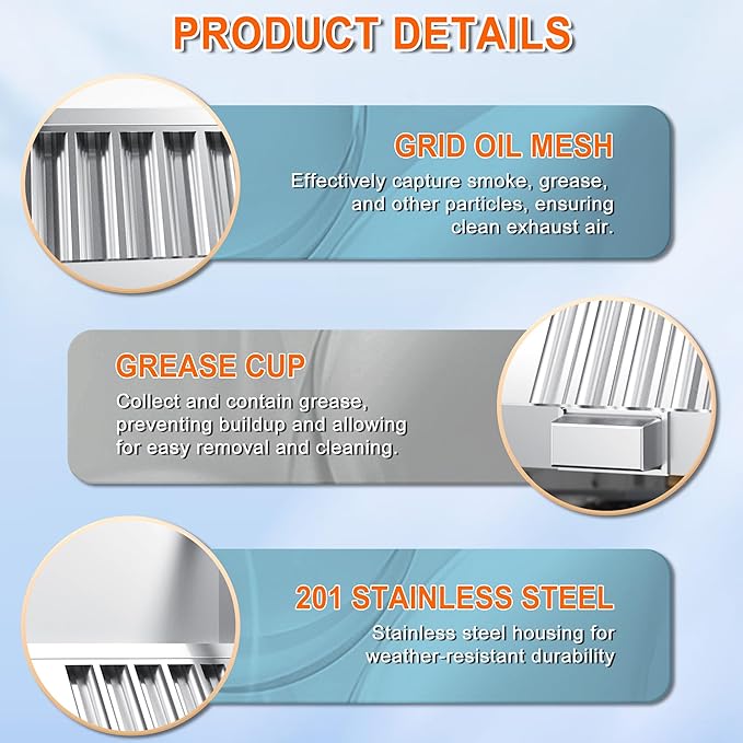6FT Commercial Kitchen Exhaust Hood Food Truck Vent Hood Durable Stainless Steel Concession Trailer Hood with 3 Removable Hood Filters (No Motor), NSF Listed